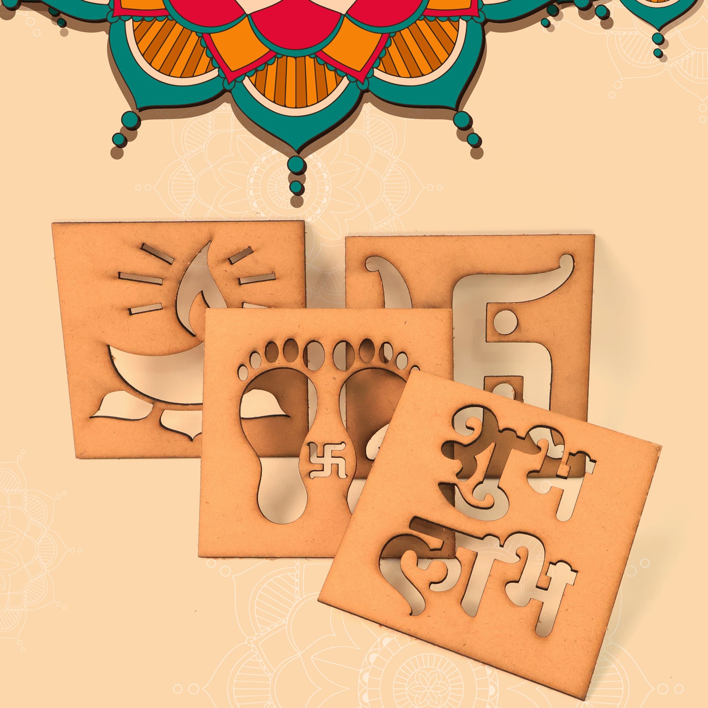 Set of four wooden decorative cutouts with mixed designs for home decor by Wukusy, featuring intricate natural wood patterns.