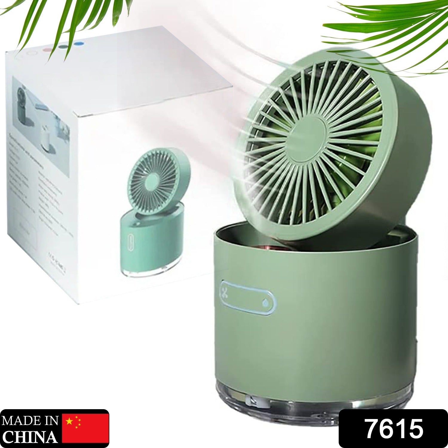 Wukusy 7615 mini desktop cooling fan with rotating spray humidifier and small water tank, compact home air cooling device