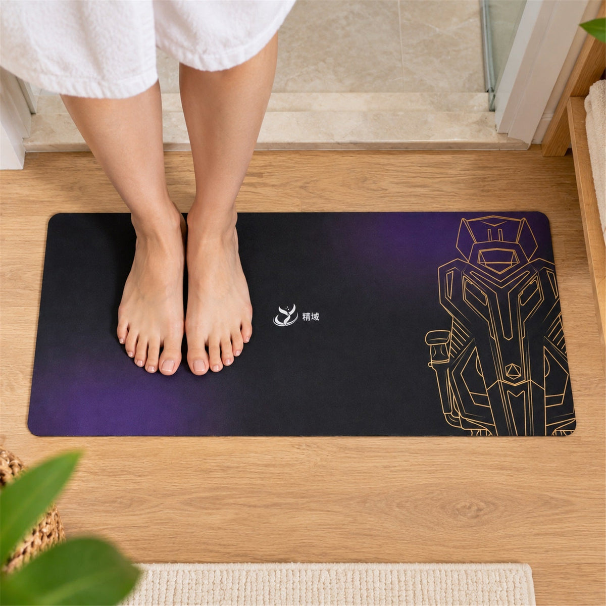 Purple and black gradient bath runner with gold line art design, anti-slip surface, 70x30 cm, by Wukusy