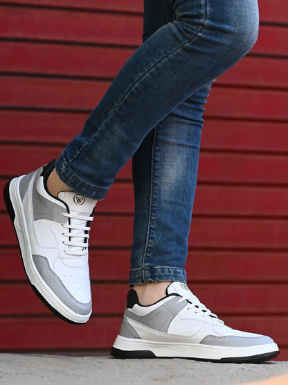 KASTAVA Premium Everyday Egde Casual Sneakers For Men (White-Grey): Size-7
