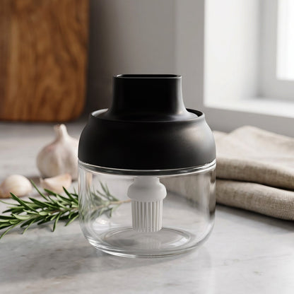 Round Glass Jar Oil Dispenser With Brush 280 Ml For Cooking And Kitchen Use (1 Pc)