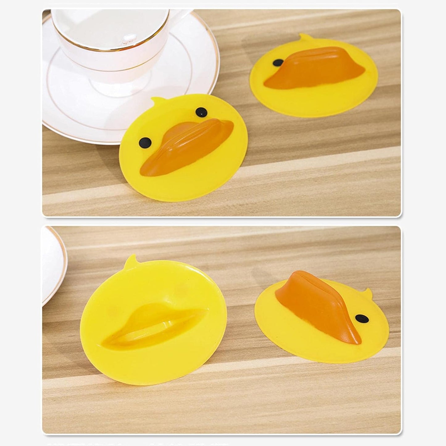 Two cute duck-shaped silicone hot pot holders from Wukusy, featuring bright yellow duck designs for kitchen safety.