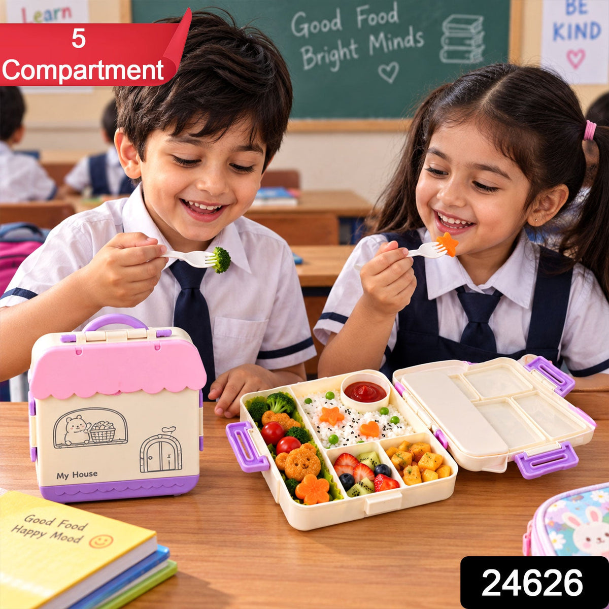 Wukusy house-shaped plastic kids lunch box with handle, spoon, and fork, measuring 17x17x6.5 cm, suitable for children.
