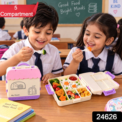 Wukusy house-shaped plastic kids lunch box with handle, spoon, and fork, measuring 17x17x6.5 cm, suitable for children.