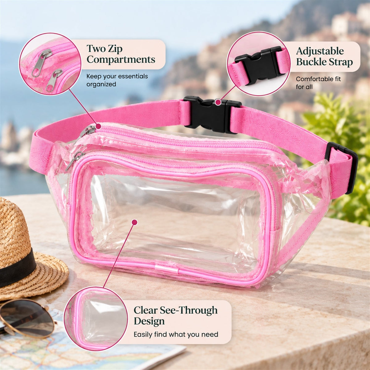 Wukusy transparent PVC waist bag with two zip pockets and adjustable strap, measuring 26x16 cm, for convenient storage.