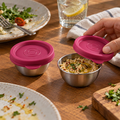 Wukusy Apex stainless steel food containers with lids, 70ml snack and dip storage set, two compact and durable containers.