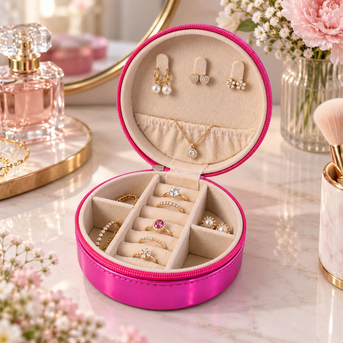 Wukusy round jewelry organizer box with ring rolls, zip closure, compact design, ideal for travel and storing rings and small accessories