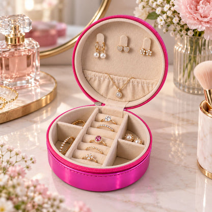 Wukusy round jewelry organizer box with ring rolls, zip closure, compact design, ideal for travel and storing rings and small accessories