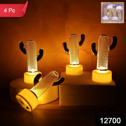 Set of four decorative cactus-shaped flameless LED candles by Wukusy for home decor, with warm glowing light and cactus design.