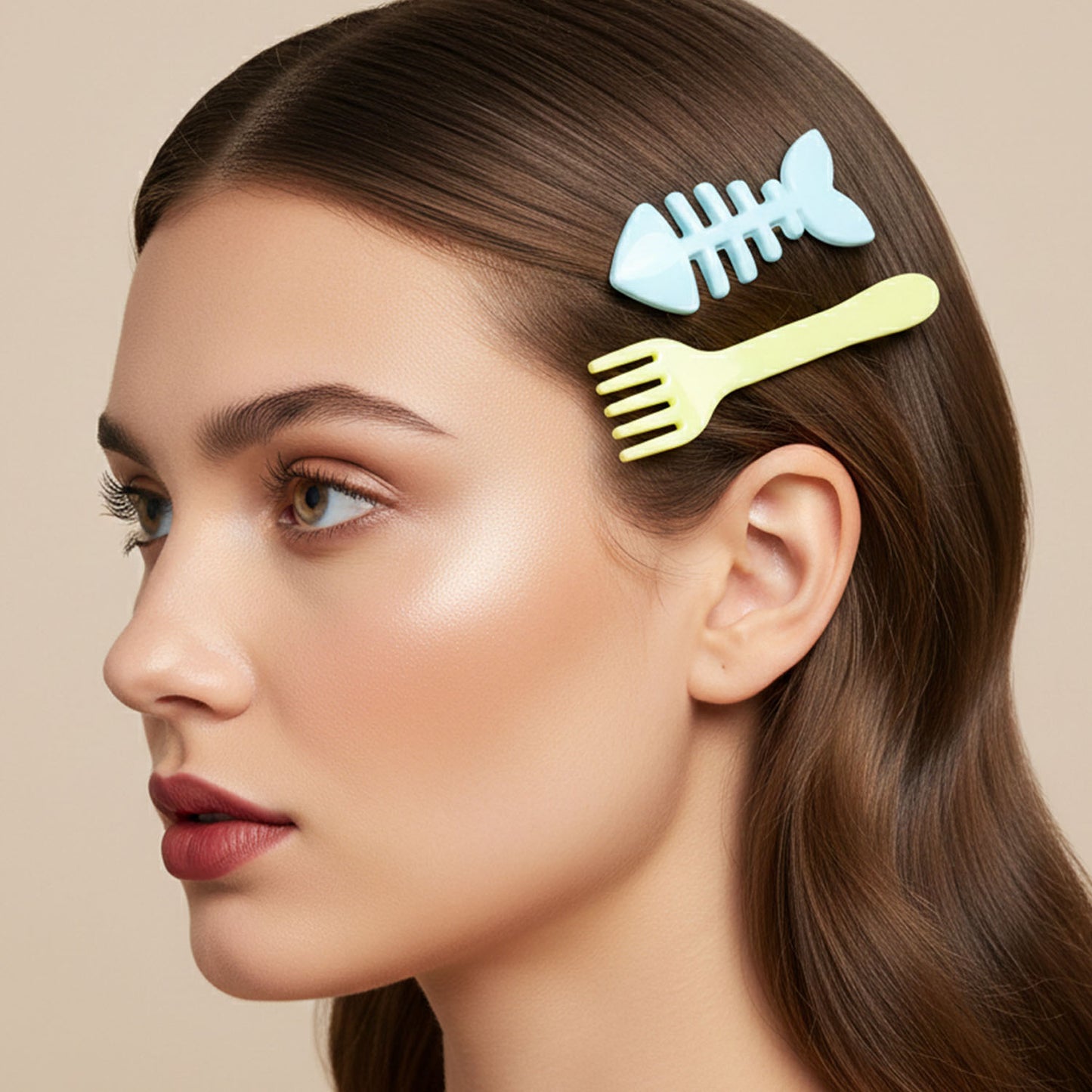 Set of four cute food-shaped hair clips by Wukusy, featuring playful designs resembling various food items for kids' hair accessories.