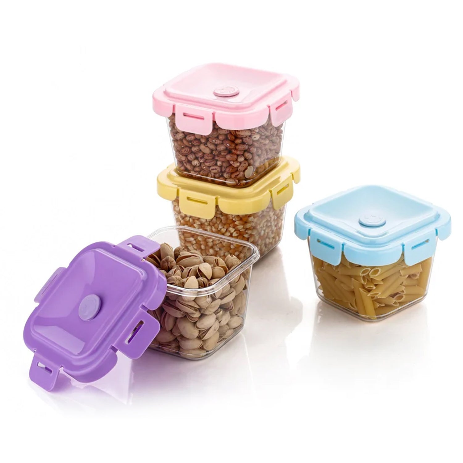 Set of four Wukusy plastic food storage containers with lids, 500 ml capacity, ideal for kitchen organization and food preservation.