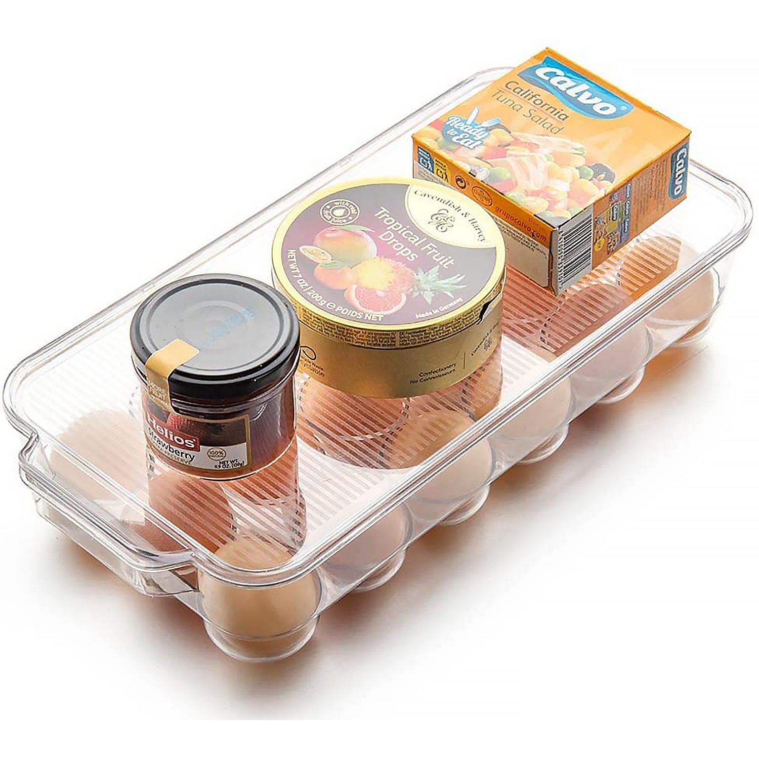 Wukusy plastic 18-cavity egg storage box with lid and handles, rectangular egg tray for refrigerator storage.