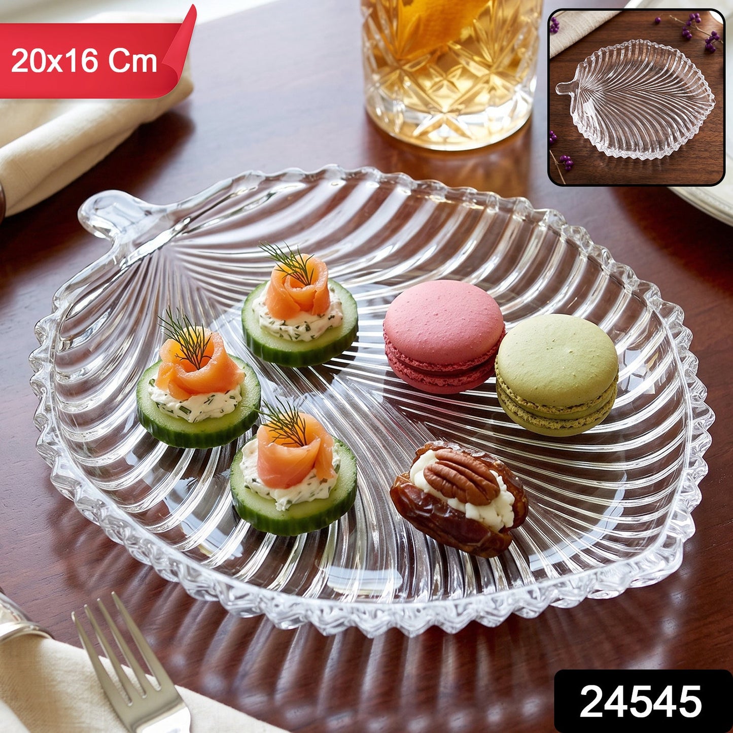 Leaf Shape Glass Serving Tray 20 X 16 Cm Platter For Snacks And Dessert (1 Pc)