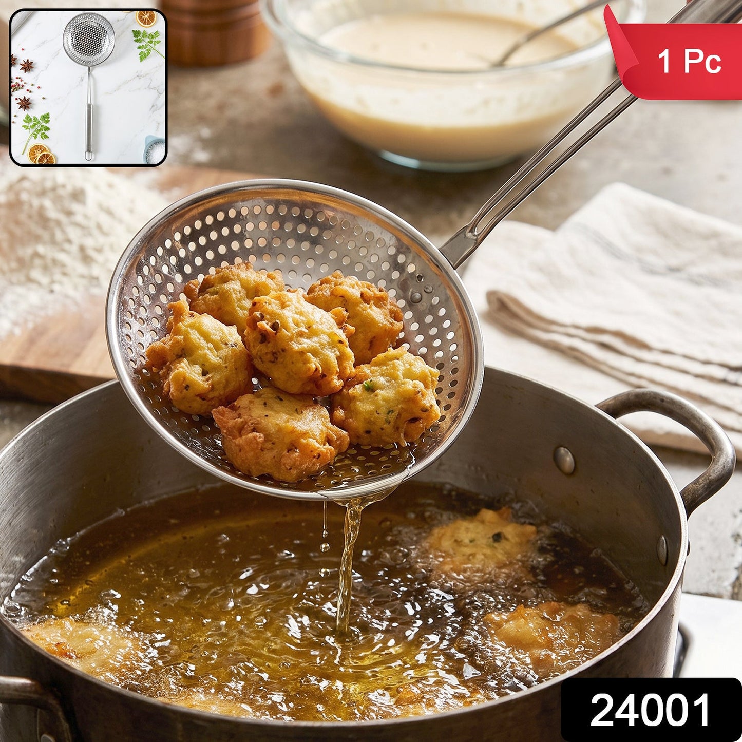 Wukusy stainless steel frying strainer skimmer spoon with long handle for easy draining and serving hot foods in the kitchen