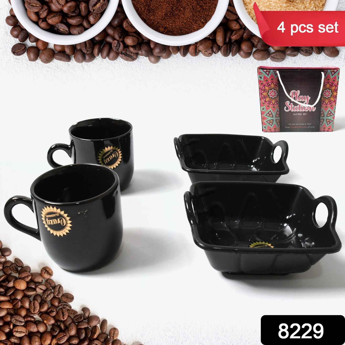 Wukusy 4-piece ceramic tea and coffee mug set with handles, includes serving bowl and milk cups, ideal for household use.