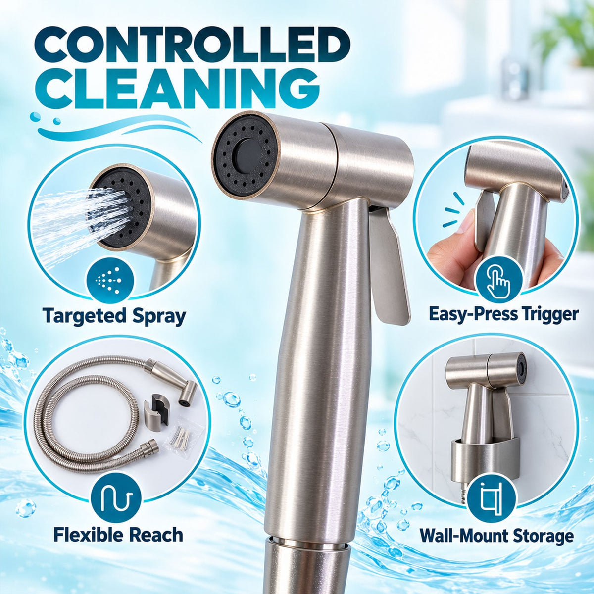 Wukusy handheld health faucet toilet jet spray with hose and wall holder, shown mounted on bathroom wall for cleaning and rinsing.