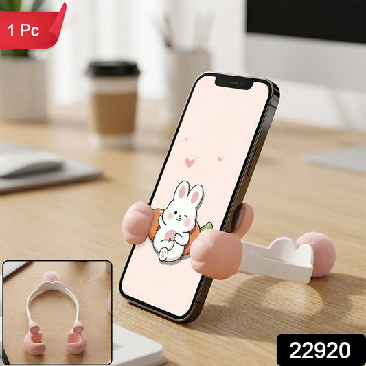Wukusy flexible bunny phone holder with long adjustable neck on a desktop, holding a smartphone in a secure position.