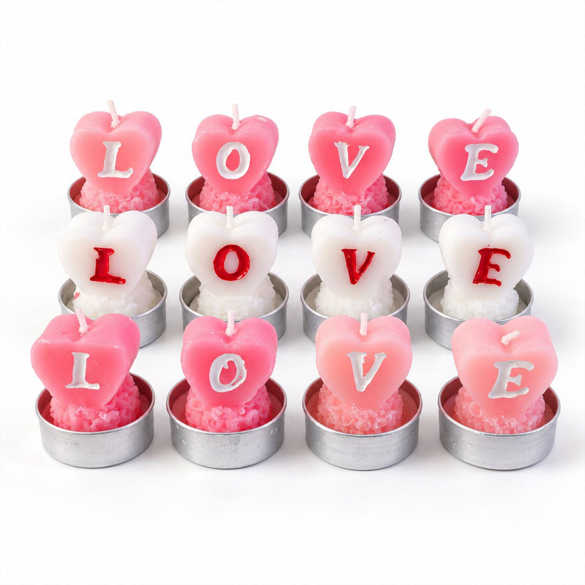 Set of 12 heart-shaped love tealight candles by Wukusy, perfect for romantic table decoration.