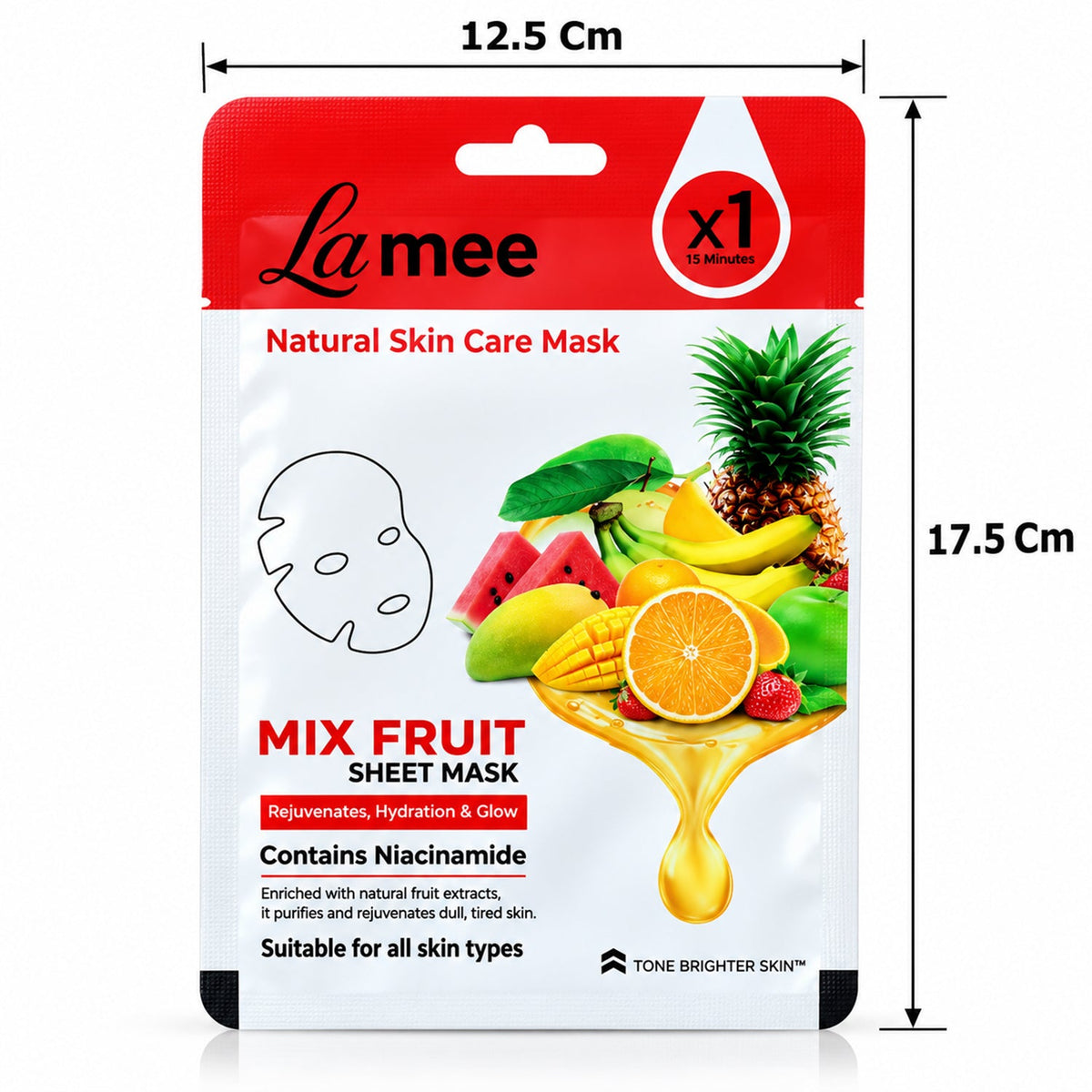 Wukusy mix fruit facial sheet mask with niacinamide for hydrating skin, shown in its packaging with fresh fruit slices