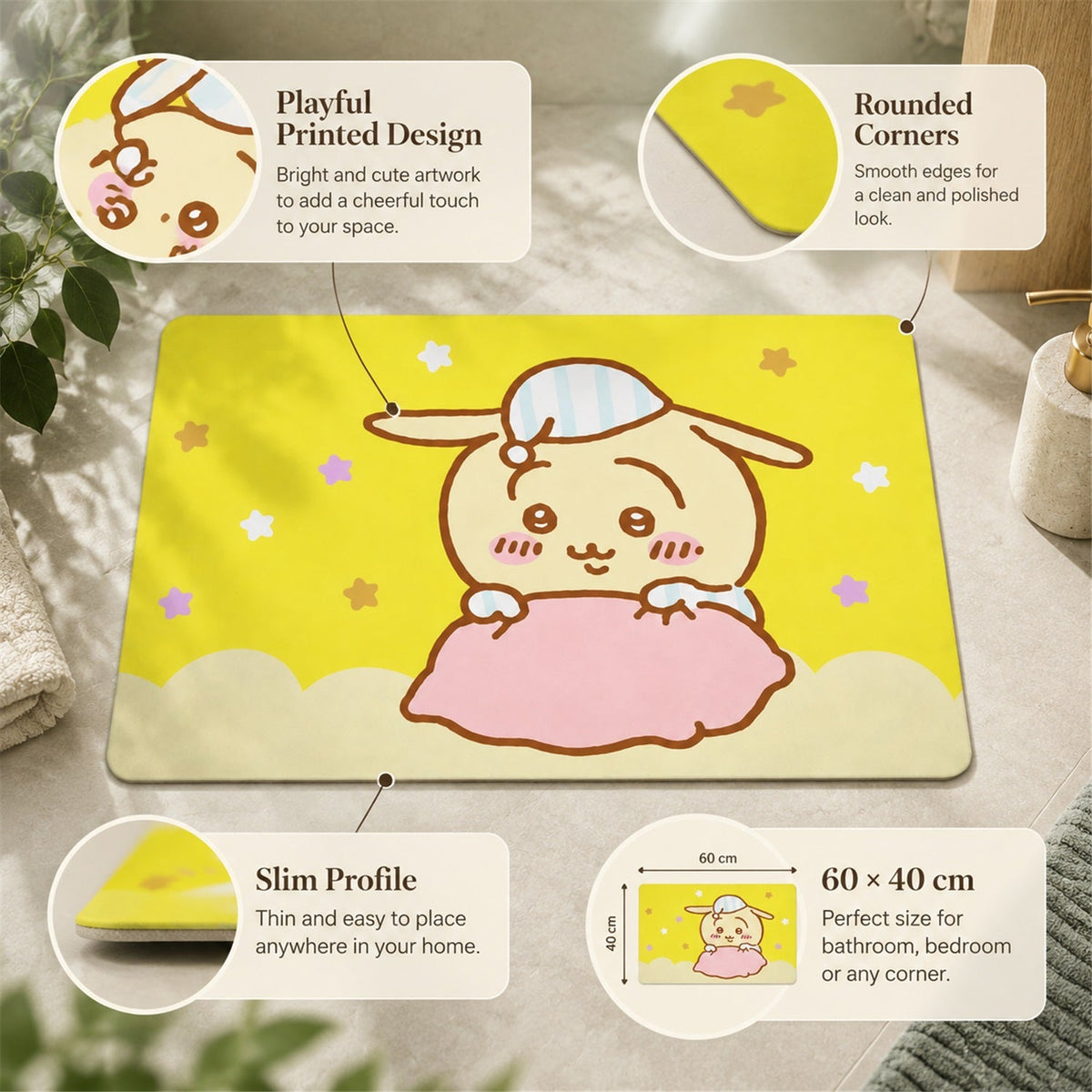 Wukusy absorbent bathroom mat with cute cartoon bunny print, quick-drying 60x40 cm, soft and plush for bathroom comfort