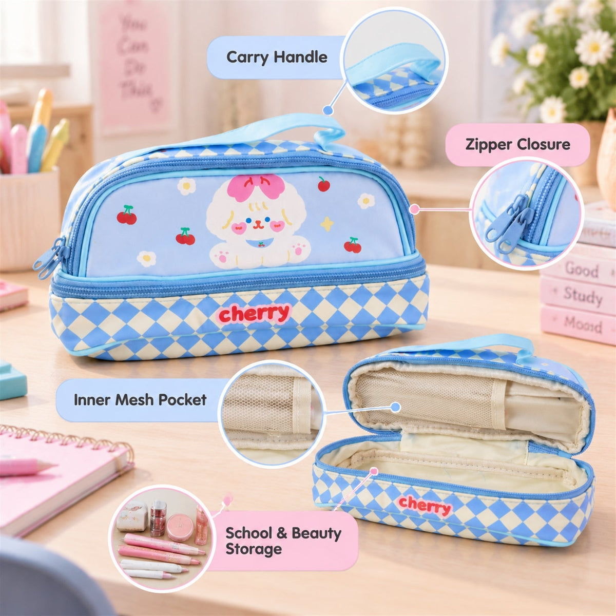 Wukusy printed zipper pouch with top handle, used for makeup or stationery, showing colorful floral design on fabric.