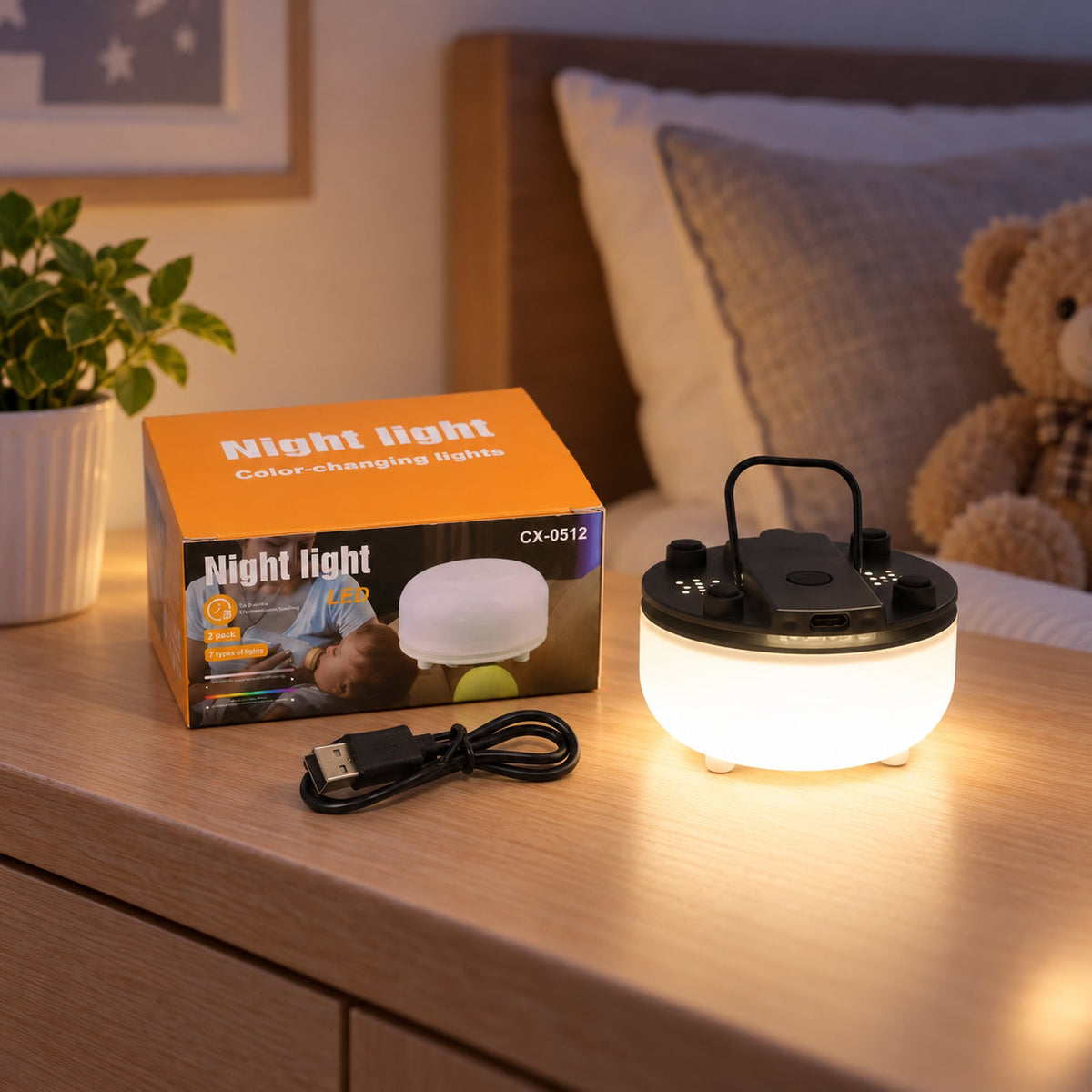 Wukusy portable LED night light with USB charging, hanging handle, and 7 color options, glowing softly in a dark room.