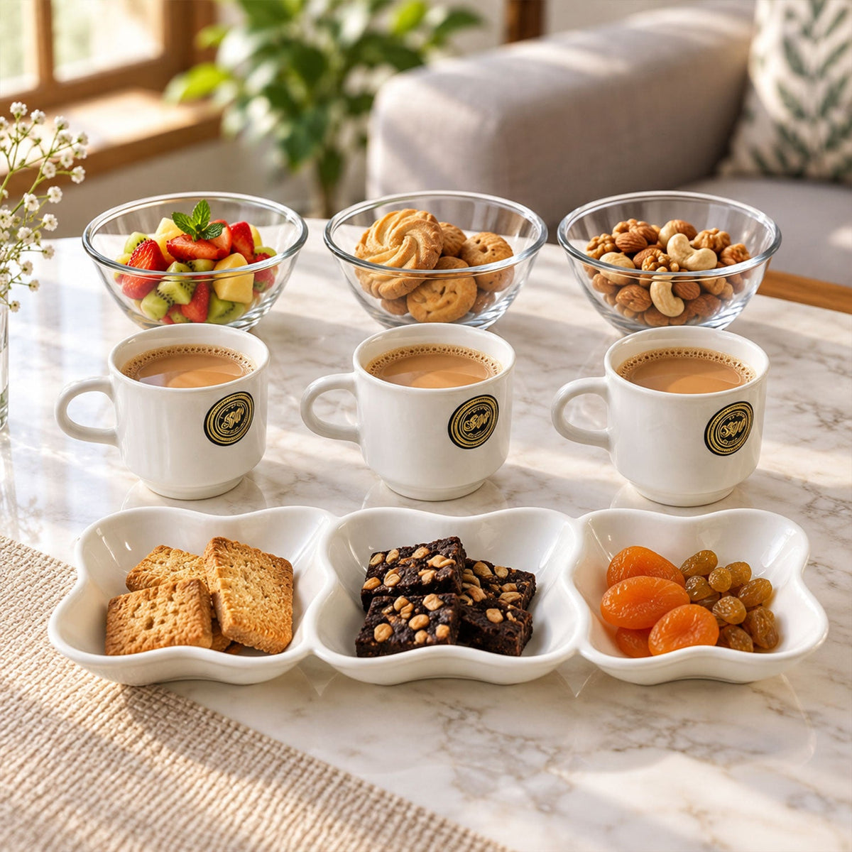 Wukusy 7-piece snack serving gift set with cups, bowls, and divided platter for entertaining and serving snacks.