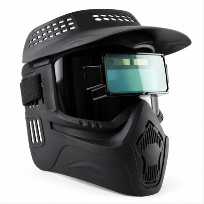 Wukusy automatic welding mask with solar-powered filter, showing the mask's adjustable headgear and viewing window.