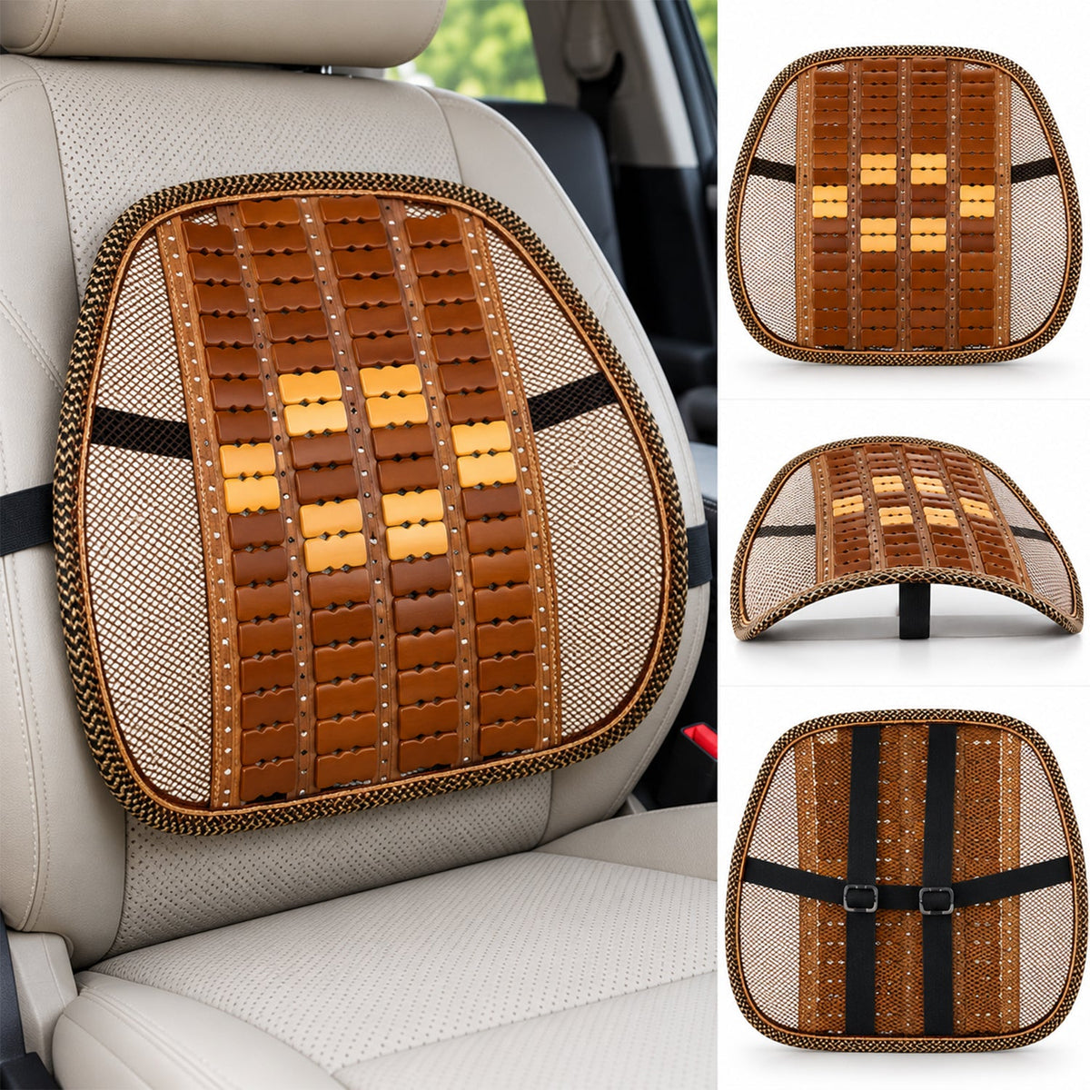Wukusy car seat mesh back support with wooden bead panel, designed for office chairs, provides ergonomic lumbar comfort.