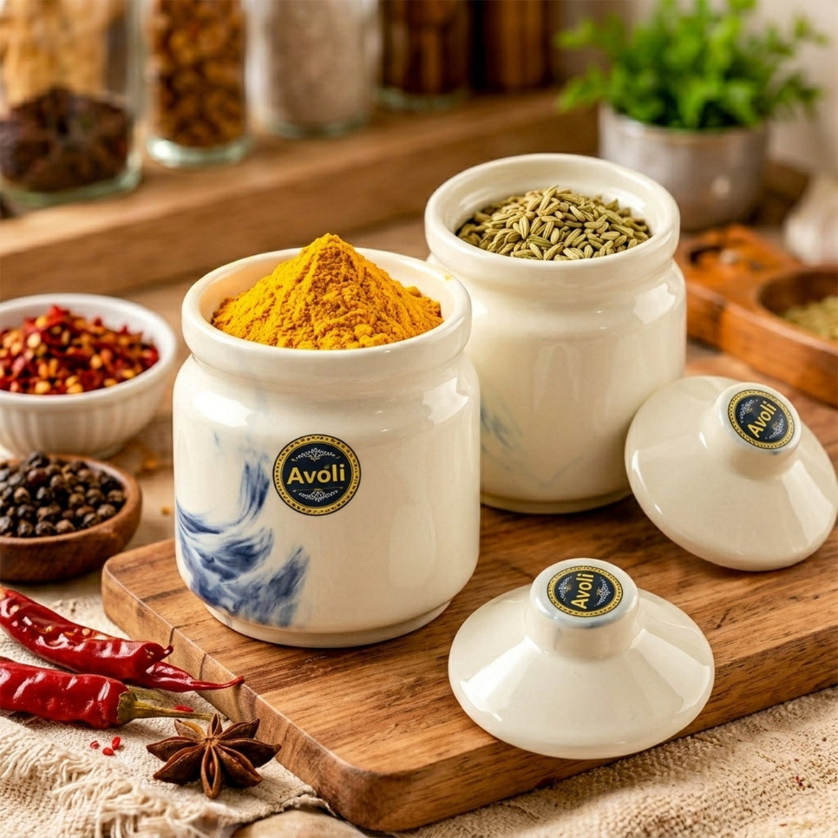 Ceramic Storage Jar Set With Lids For Tea Sugar And Kitchen Spices (2 Pc)