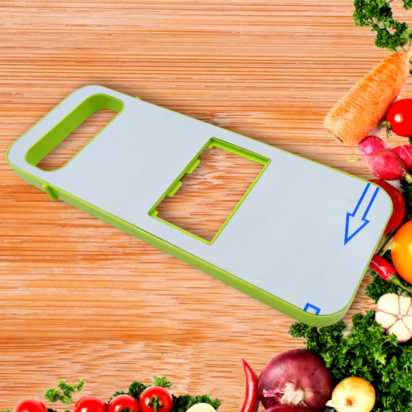 Wukusy 5-in-1 foldable vegetable slicer with stainless steel blades, protective guards, for potatoes, onions, and julienne vegetables.