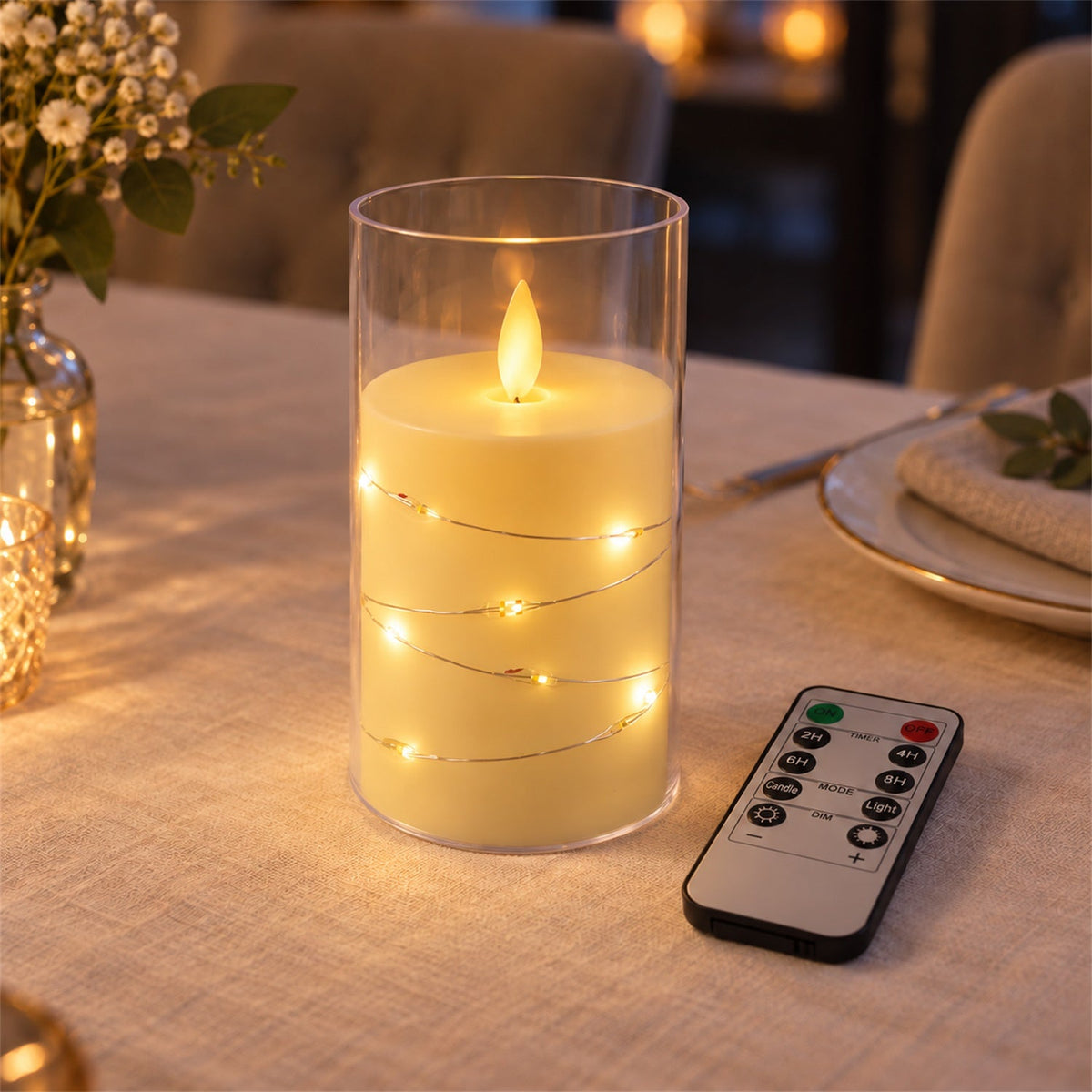 Flameless Led Candle With Remote And Light Wire For Home Table Decor (1 Pc)