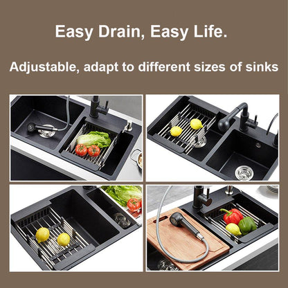 Wukusy stainless steel expandable kitchen sink dish drainer with multiple compartments for drying dishes and utensils.