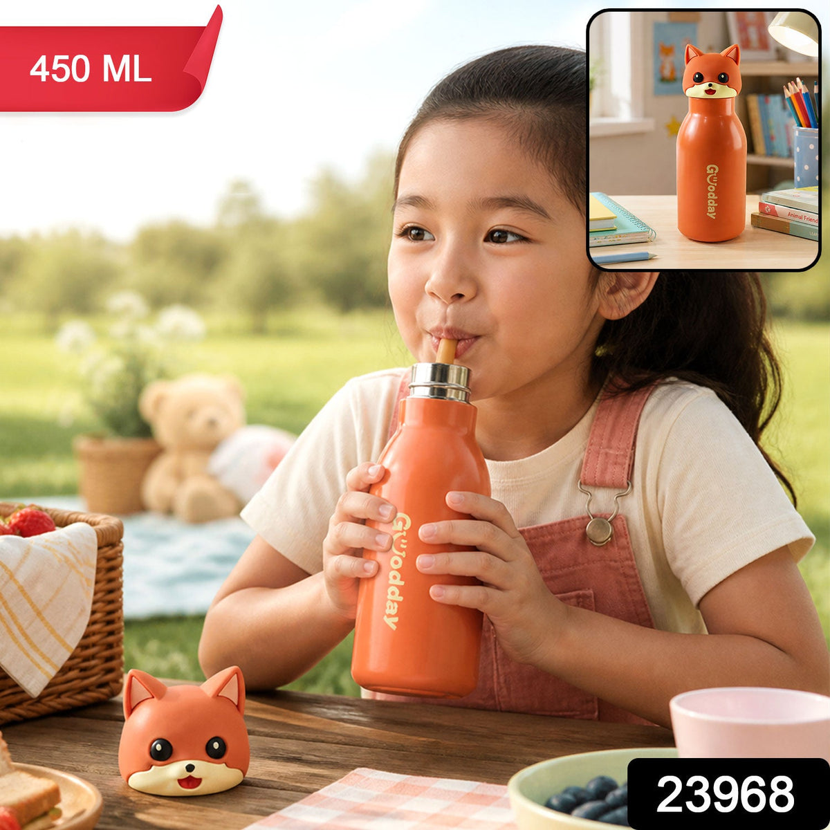 Kids Stainless Steel Vacuum Water Bottle With Cute Fox Cap And Straw For School