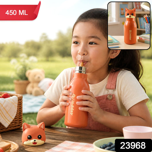 Kids Stainless Steel Vacuum Water Bottle With Cute Fox Cap And Straw For School