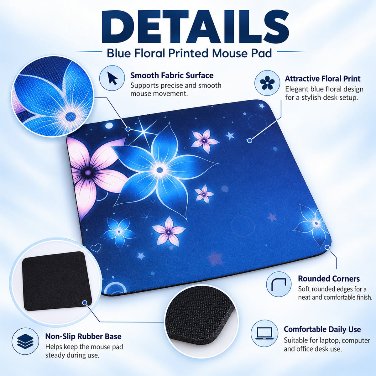 Wukusy floral mouse pad with non-slip rubber base, 26x21 cm, featuring colorful floral design on smooth surface.