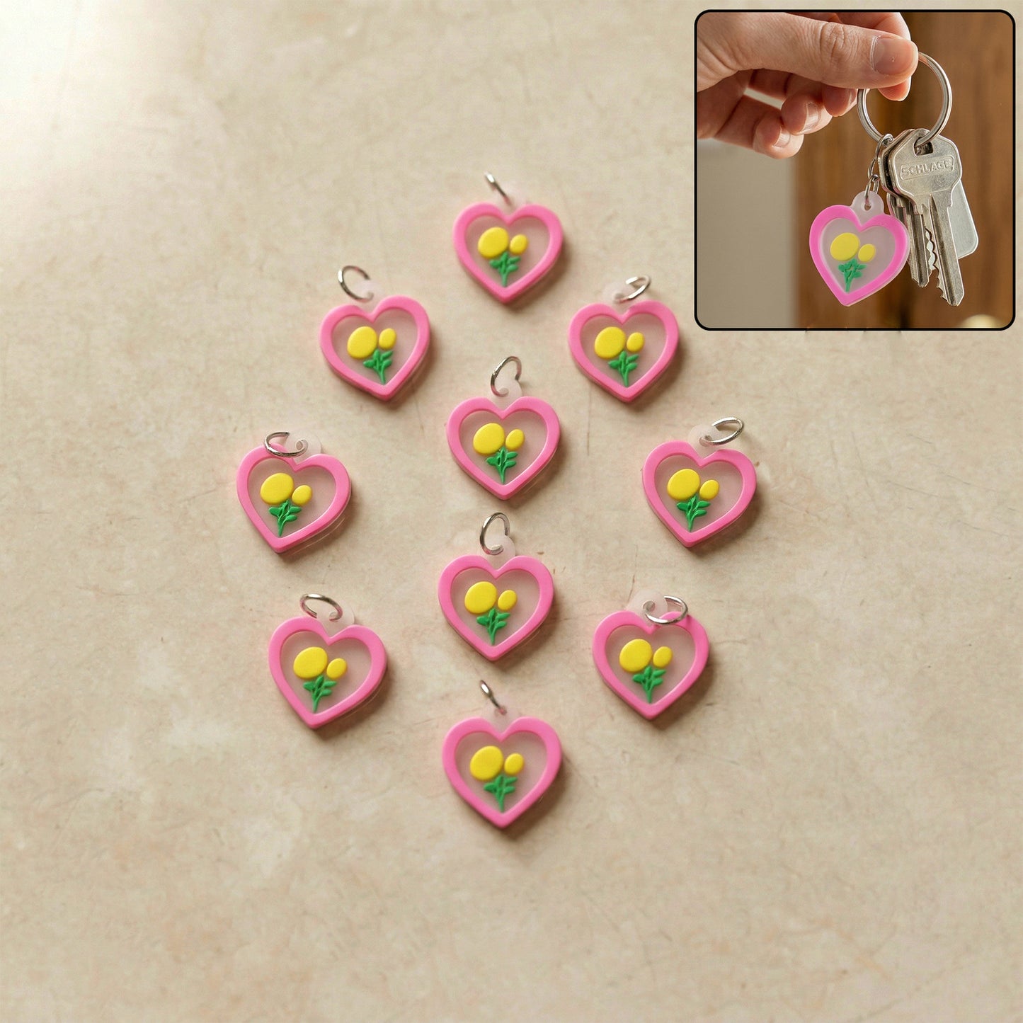Set of 10 Wukusy heart flower design bag charm keychains featuring colorful, cute floral and heart patterns.