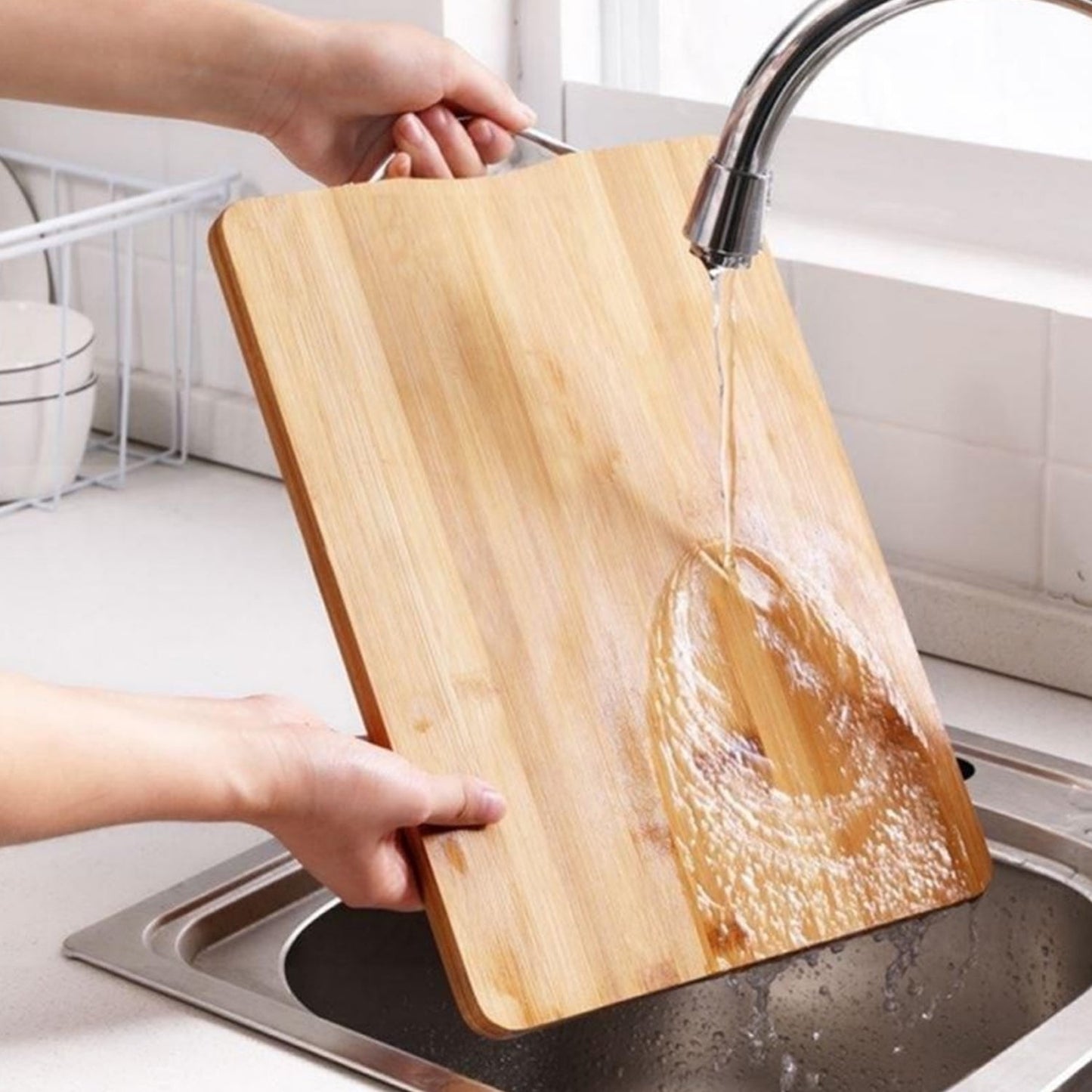 Wukusy large wooden chopping board with knife groove for kitchen use, ideal for cutting vegetables, fruits, and meats.