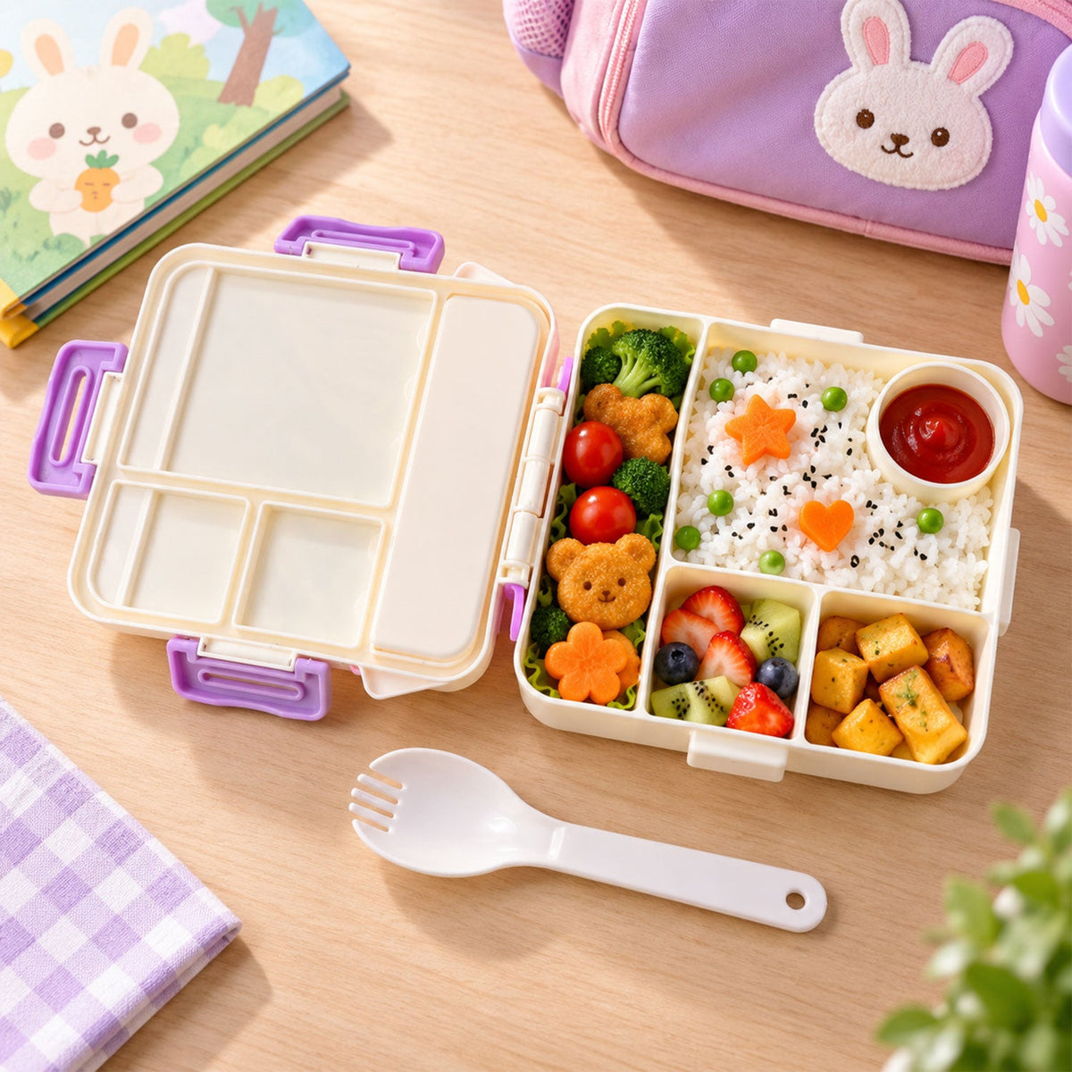 House-shaped plastic kids lunch box with handle, spoon, and fork from Wukusy, measuring 17x17x6.5 cm, in bright colors.