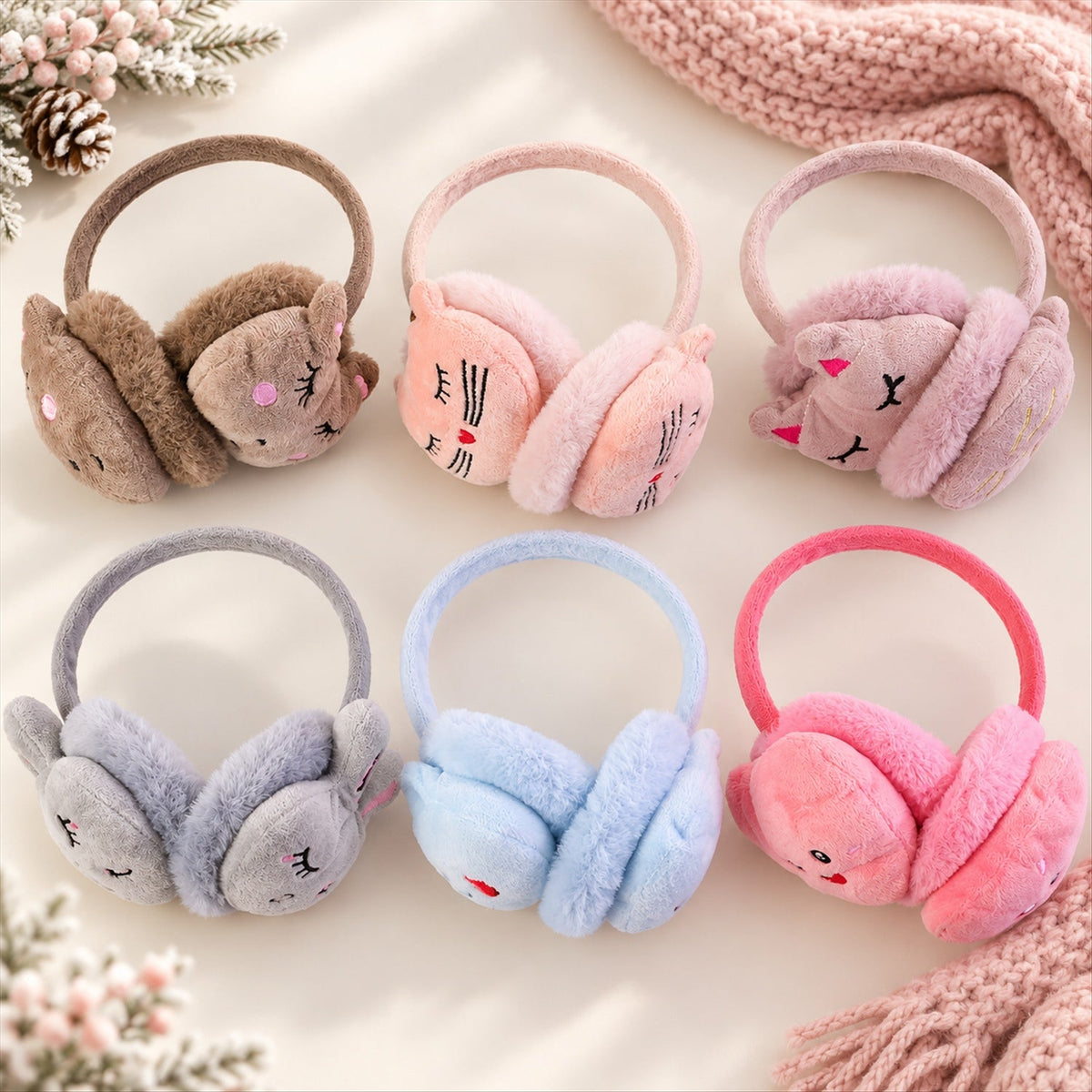 Wukusy plush winter ear muffs featuring cute animal face designs in assorted colors, cozy and warm for cold weather.