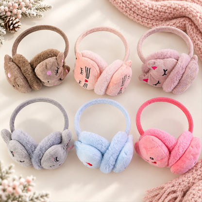 Wukusy plush winter ear muffs featuring cute animal face designs in assorted colors, cozy and warm for cold weather.