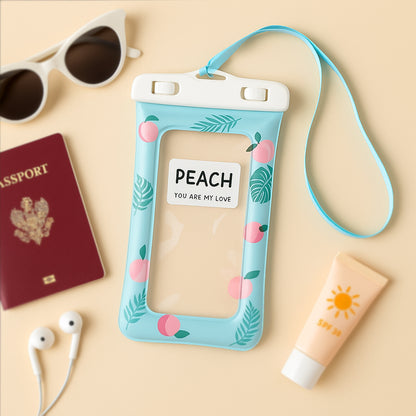 Transparent waterproof mobile pouch with peach tint and neck strap by Wukusy, showing the pouch open with a smartphone inside.