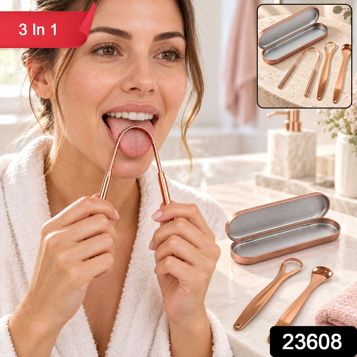Wukusy stainless steel tongue cleaner set with travel case, featuring three tools for daily oral hygiene and tongue cleaning.