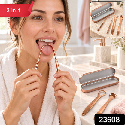 Wukusy stainless steel tongue cleaner set with travel case, featuring three tools for daily oral hygiene and tongue cleaning.