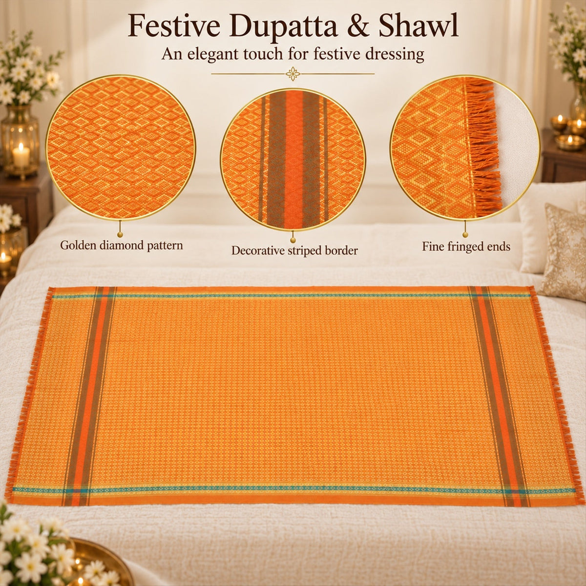 Wukusy diamond pattern shawl with striped borders, ethnic wear, 151x77 cm, displayed with intricate design and colorful accents.