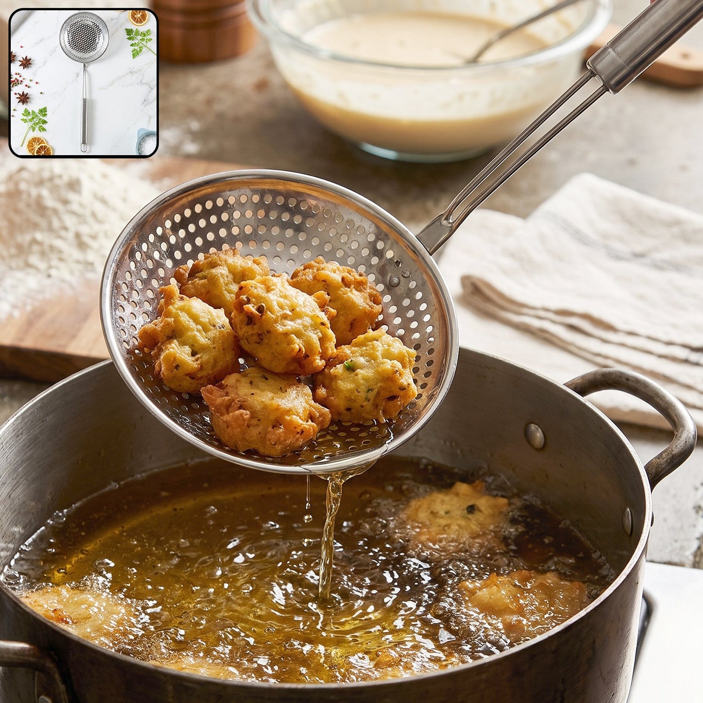 Wukusy stainless steel frying strainer skimmer spoon with long handle, for scooping and draining fried foods in the kitchen.