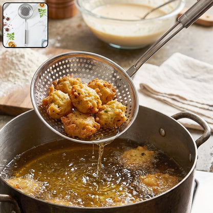 Wukusy stainless steel frying strainer skimmer spoon with long handle, for scooping and draining fried foods in the kitchen.
