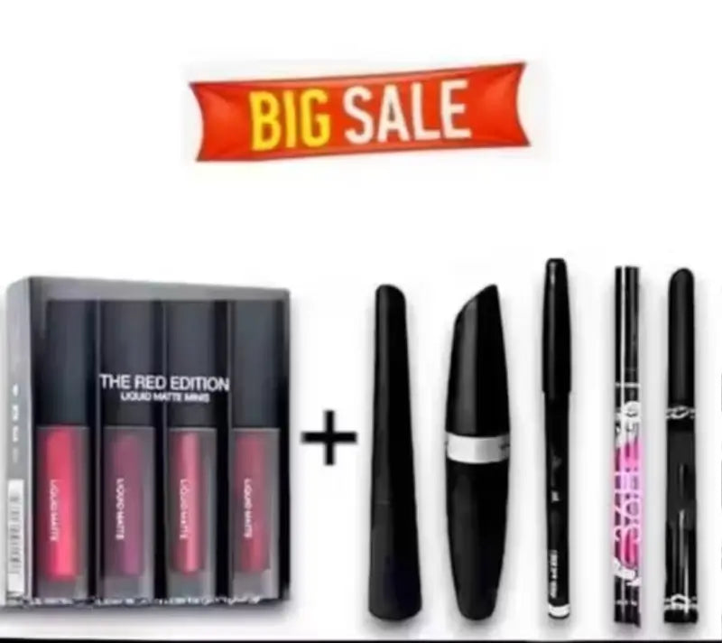 Combo of 4-in-1 Red Matte Lipstick & Waterproof Eye Makeup Set (Pack of 6)