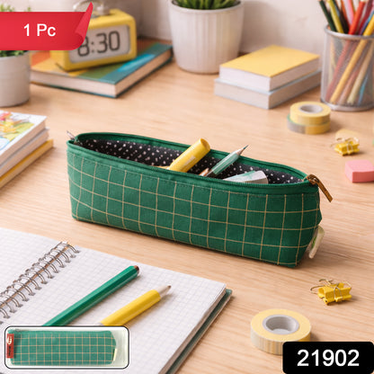 Green grid printed zipper pencil pouch organizer by Wukusy with multiple compartments for stationery storage.