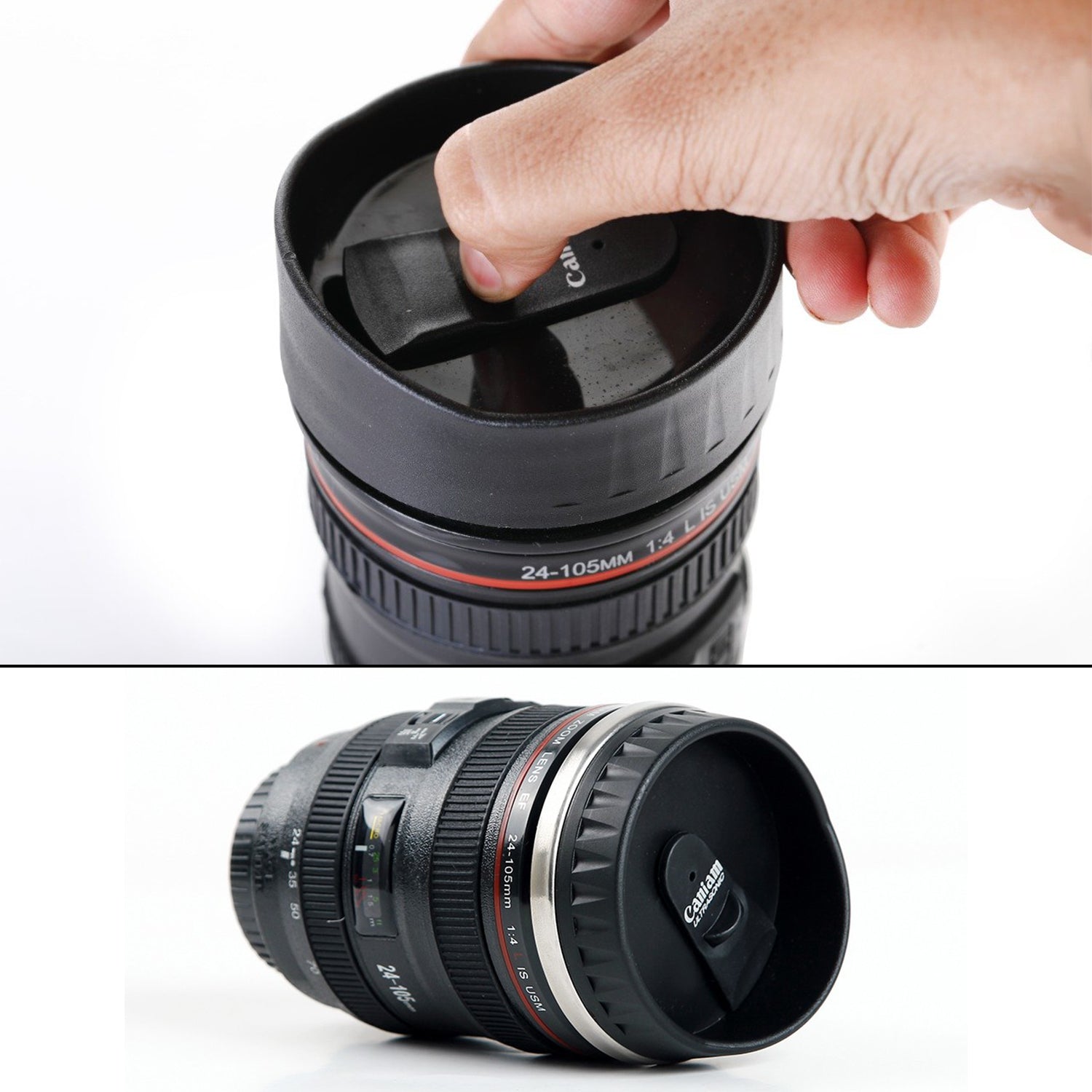 Wukusy 4763 plastic camera lens-shaped stainless steel coffee mug, kitchen tool with detailed camera lens design.